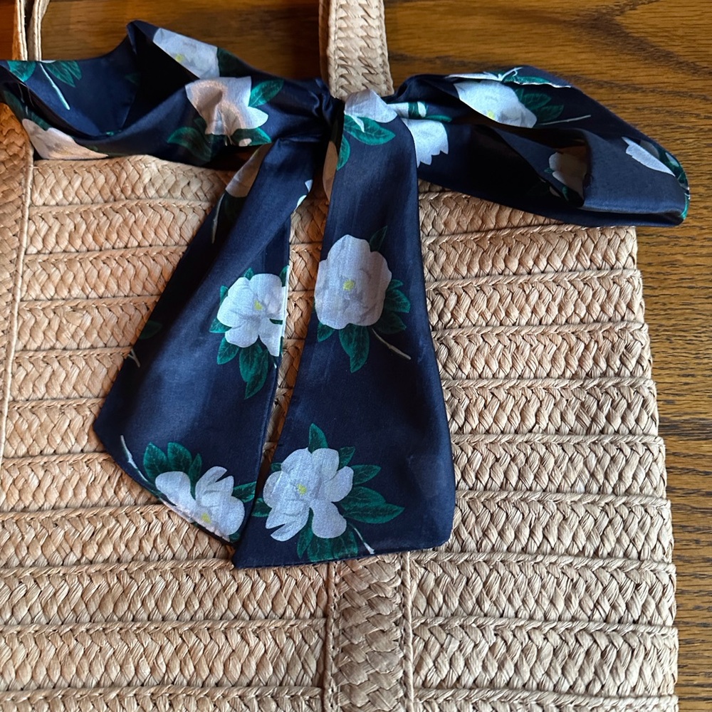 Draper James Tan Woven Tote with Navy Floral Scarf - Picture 2 of 6